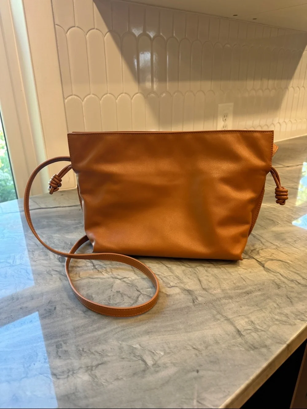 Quince Italian Leather Drawstring Pouch Crossbody Bag in Cognac - Picture 2 of 16
